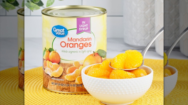 A bowl and can of Great Value Mandarin Oranges in Light Syrup