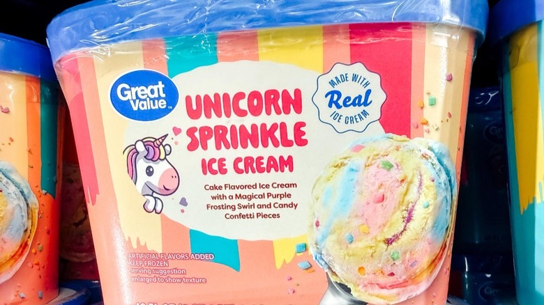 Ice cream sits on a freezer shelf