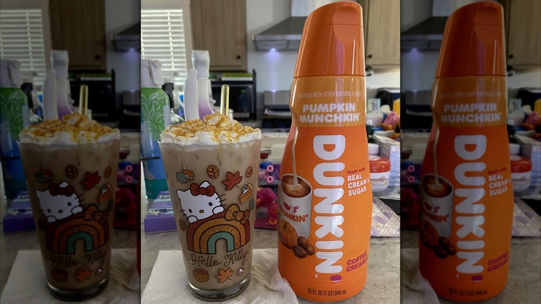 Dunkin's Pumpkin Munchkin Donut Creamer with drink