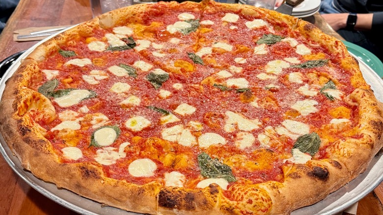 Large pizza with fresh mozzarella, basil, and red sauce from Antonio's