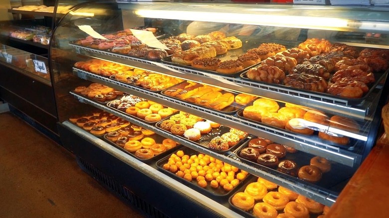 Display case inside Donut Haus full of fresh baked goods
