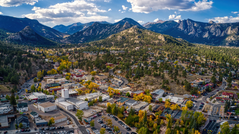 Drone view of Estes Park, Colorado with mountains in the background