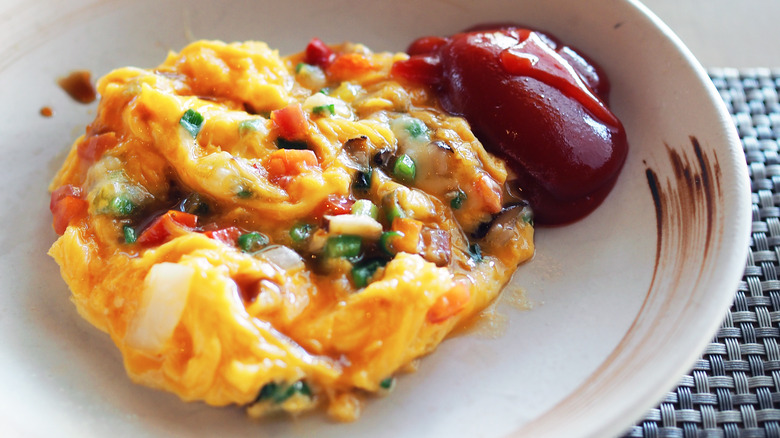 tomato ketchup on scrambled eggs