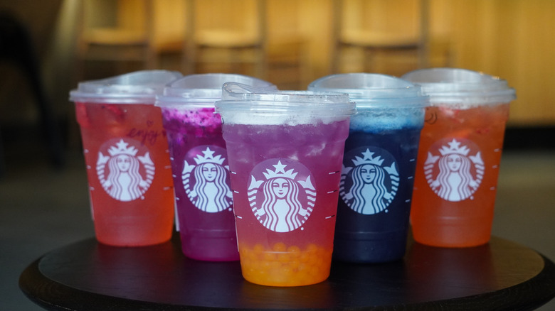 Lineup of Starbucks refreshers pictured.