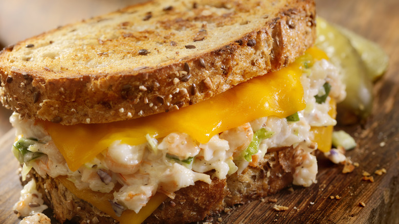 Tuna melt sandwich on rye bread with melted cheese