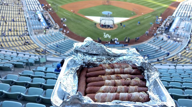Tray of bacon-wrapped hot dogs brought to Dodger Stadium from home