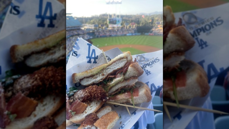Panko-crusted chicken on Texas toast with bacon and arugula