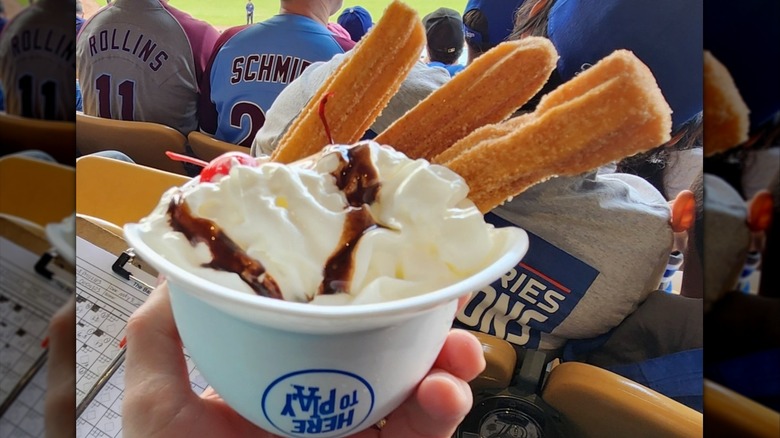 Churro sundae in a mini helmet at Dodger Stadium