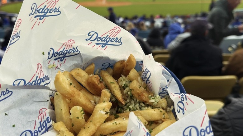 Order of garlic fries seen in the stands of Dodger Stadium