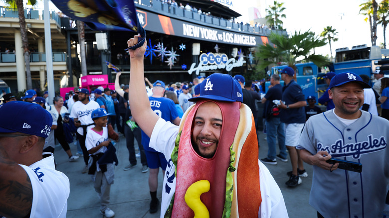 Fan dressed as a hot dog at Dodger Stadium