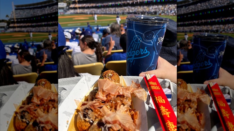 Tray of bonito-topped takoyaki at Dodger Stadium