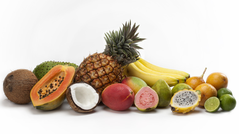 Selection of tropical fruits on white background