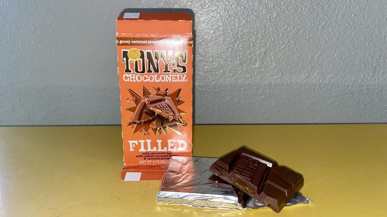 A bar of Tony's Chocolonely's Filled Gooey Caramel Sea Salt Crunch