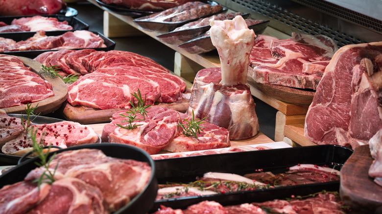 Butcher's display of raw meats