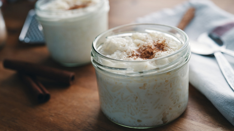 Rice pudding in glass jars