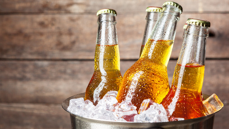 Bottles of brown ale in an ice bucket
