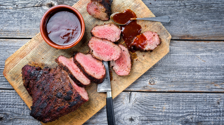 Sliced steak with sauce