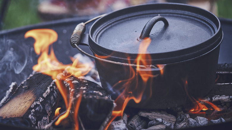 Dutch oven cooking over grill with fire
