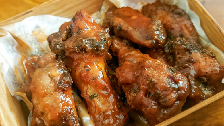 A basket of smoked buffalo wings