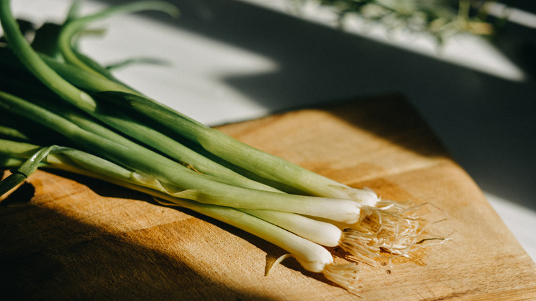 A bunch of green onions on a wooden cutting board