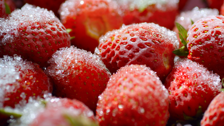 Frozen strawberries in a pile