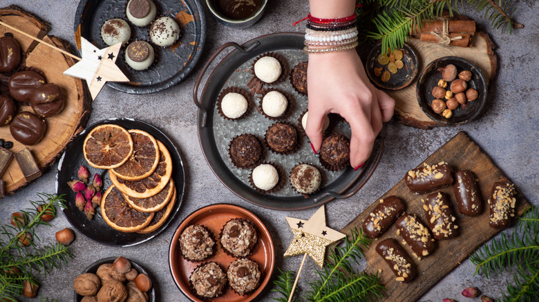 spread of mini chocolate desserts on table