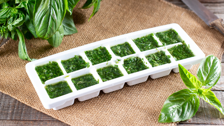 chopped basil in an ice cube tray