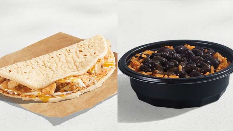 Split image of a Taco Bell 3 Cheese Chicken Flatbread Melt and black beans with rice