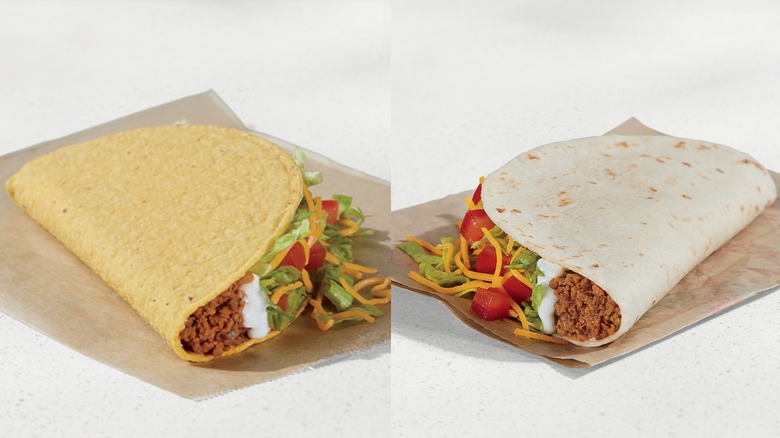 Split image of a Taco Bell Crunchy Taco Supreme and Soft Taco Supreme