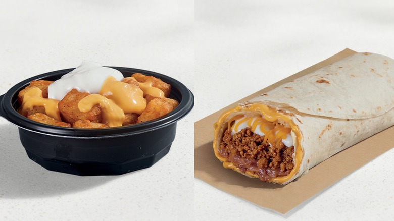 Split image of Taco Bell Cheesy Fiesta Potatoes and a Beefy 5-Layer Burrito