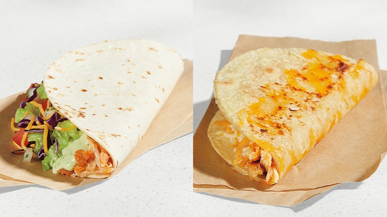 Split image of a Taco Bell Cantina Chicken Soft Taco and Cantina Chicken Crispy Taco