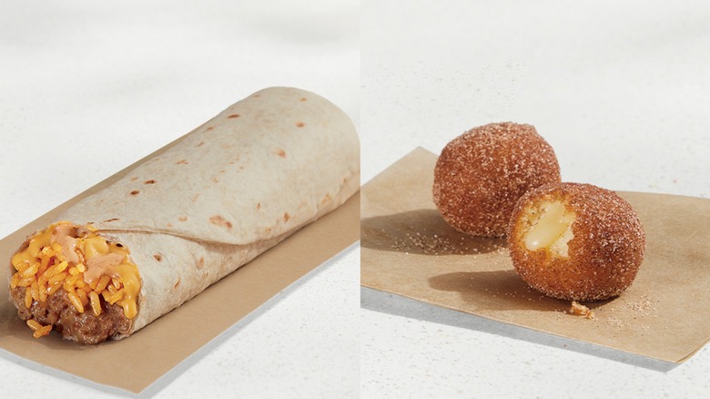 Split image of a Taco Bell Cheesy Bean and Rice Burrito and two Cinnabon Delights