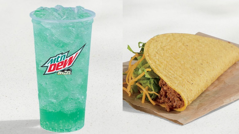 Split image of a Taco Bell Mtn Dew Baja Blast and a crunchy taco