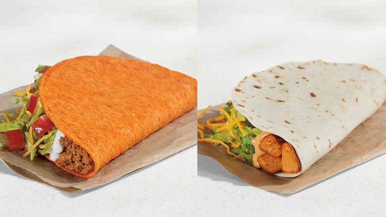 Split image of a Taco Bell Nacho Cheese Doritos Locos Taco and a Spicy Potato Soft Taco