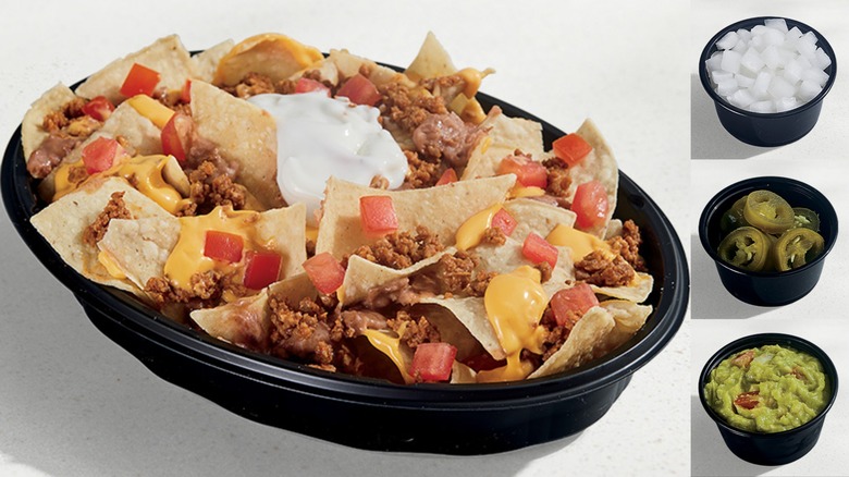 Image of Taco Bell Nachos BellGrande alongside images of diced onion, sliced jalapeno, and a side of guacamole