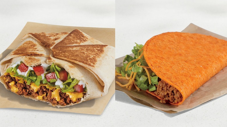 Split image of a Taco Bell Crunchwrap Supreme and Nacho Cheese Doritos Locos Taco