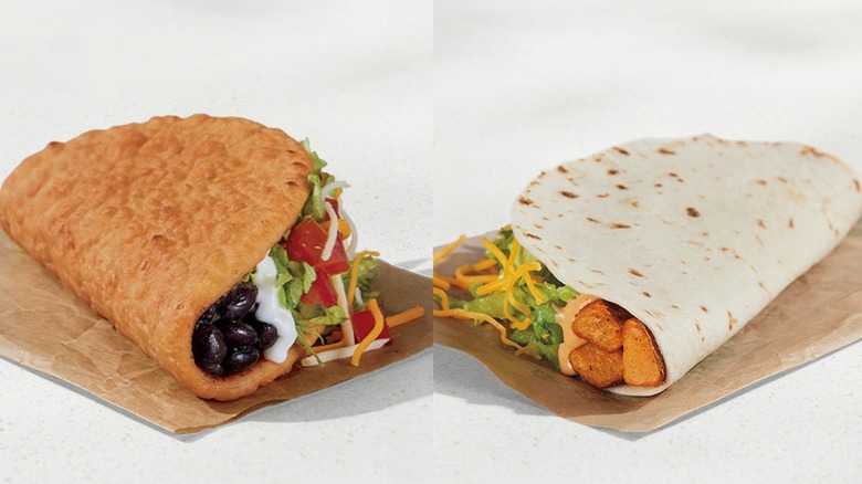 Split image of a Taco Bell Black Bean Chalupa Supreme and a Spicy Potato Soft Taco