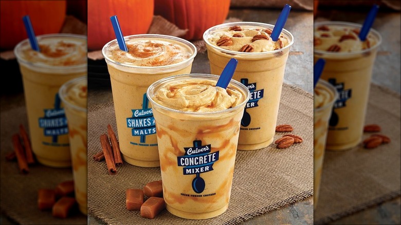 Three Culver's seasonal pumpkin-flavored treats are grouped together in cups