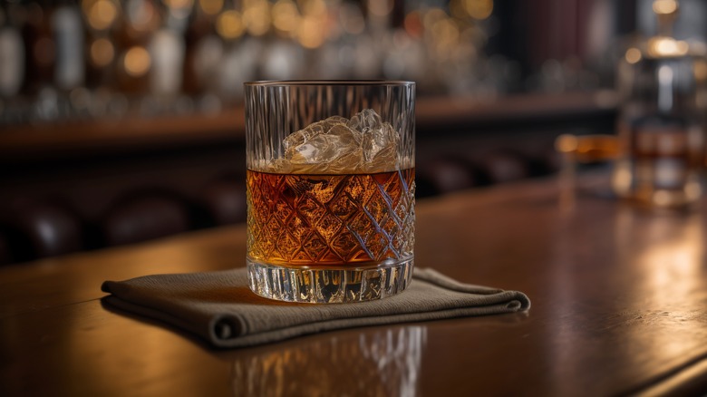 whiskey on the rocks sitting at a bar counter