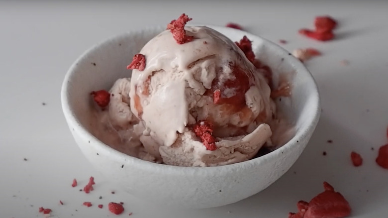 Strawberry honey balsamic black pepper ice cream in bowl