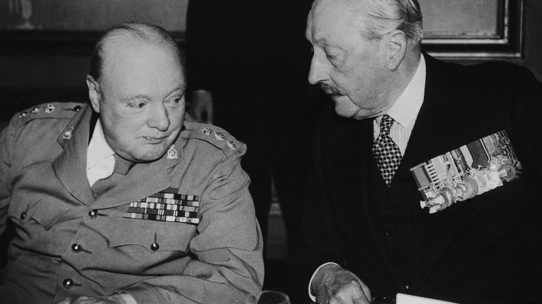 Churchill in uniform at dinner party 