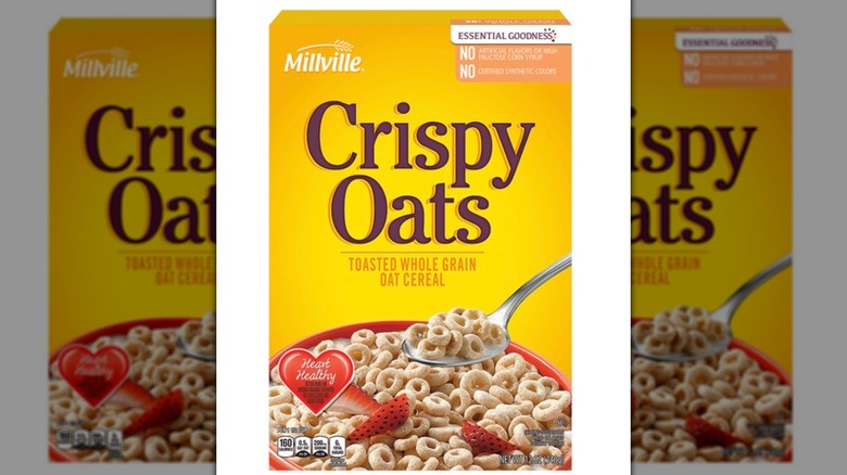 Box of Millville Crispy Oats depicting a bowl of cereal with strawberry pieces