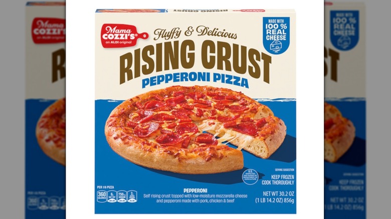 Package of Mama Cozzi's rising crust pepperoni pizza