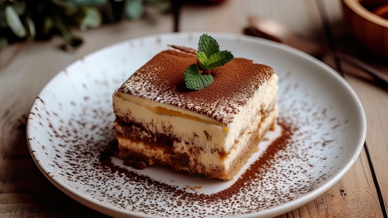 Slice of tiramisu cake on white plate with mint garnish