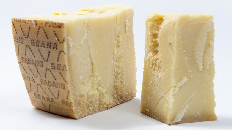A halved block of Grana Padano.