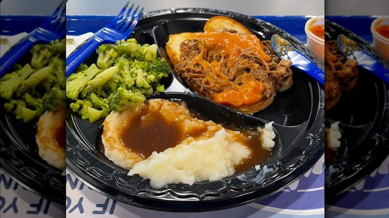 Plate of Culver's pot roast, mashed potatoes, and broccoli