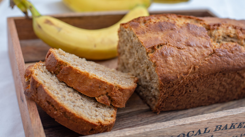 A sliced loaf of banana bread