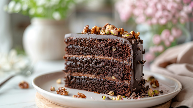 A slice of chocolate cake topped with various nuts