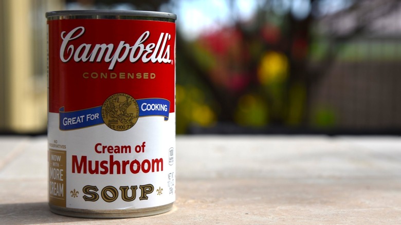 A can of Campbell's cream of mushroom soup
