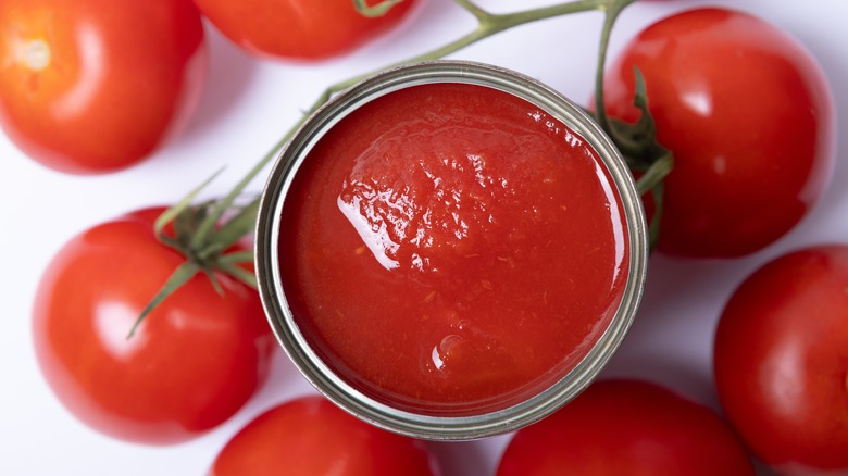 a can of tomato sauce with fresh tomatoes in the background